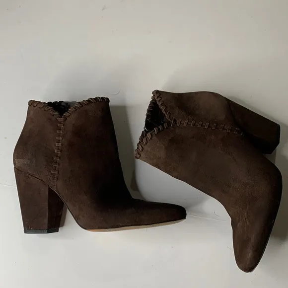 1 State Mylo chocolate brown suede block heel ankle booties