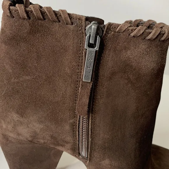 1 State Mylo chocolate brown suede block heel ankle booties