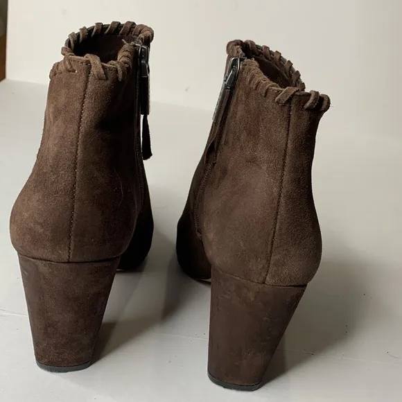 1 State Mylo chocolate brown suede block heel ankle booties