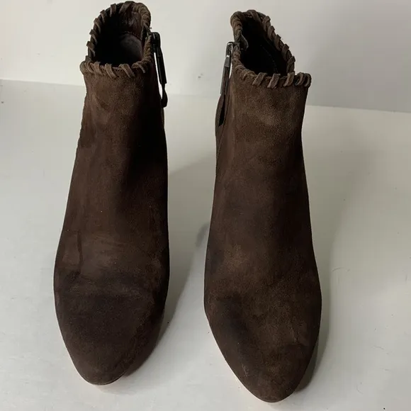 1 State Mylo chocolate brown suede block heel ankle booties