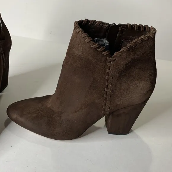 1 State Mylo chocolate brown suede block heel ankle booties