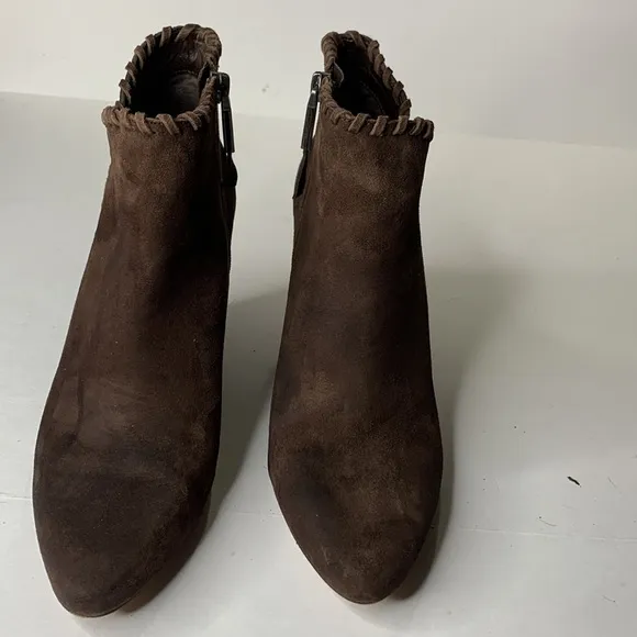 1 State Mylo chocolate brown suede block heel ankle booties