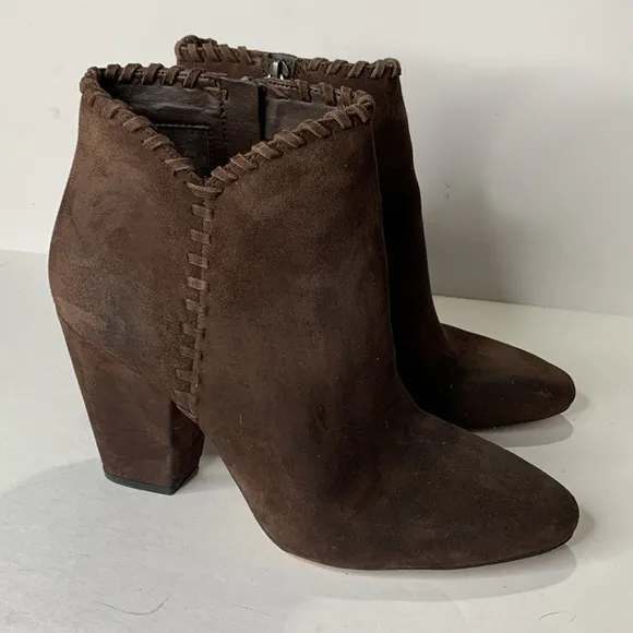 1 State Mylo chocolate brown suede block heel ankle booties