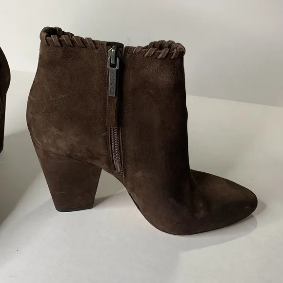 1 State Mylo chocolate brown suede block heel ankle booties