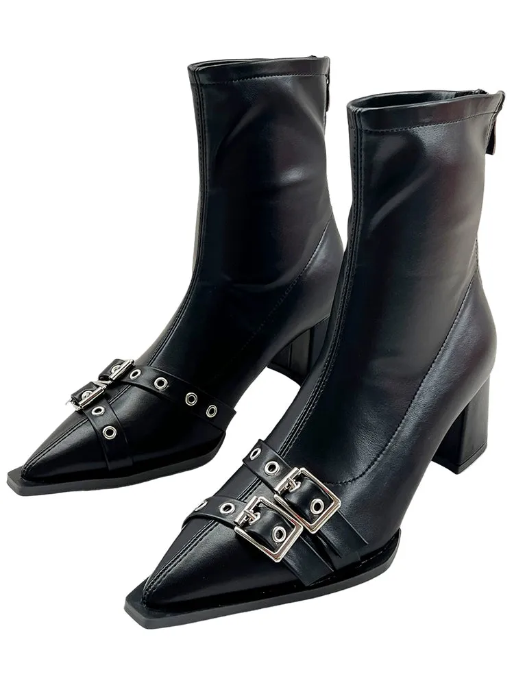 2023 Fall and Winter Pointed Belt Buckle Chunky Heel Booties Female Fashion Wind High Heel Back Zip Soft Leather Thin Short Boots