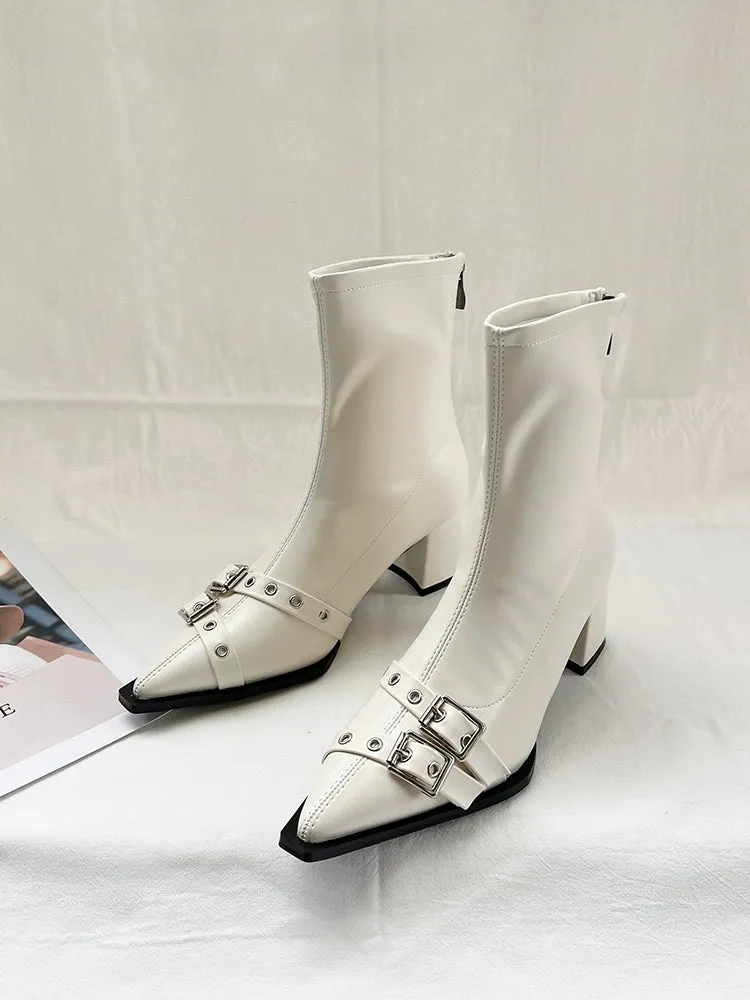 2023 Fall and Winter Pointed Belt Buckle Chunky Heel Booties Female Fashion Wind High Heel Back Zip Soft Leather Thin Short Boots