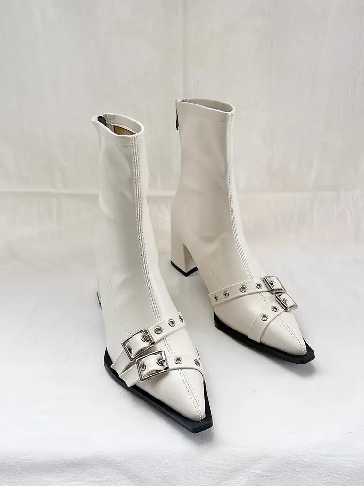 2023 Fall and Winter Pointed Belt Buckle Chunky Heel Booties Female Fashion Wind High Heel Back Zip Soft Leather Thin Short Boots