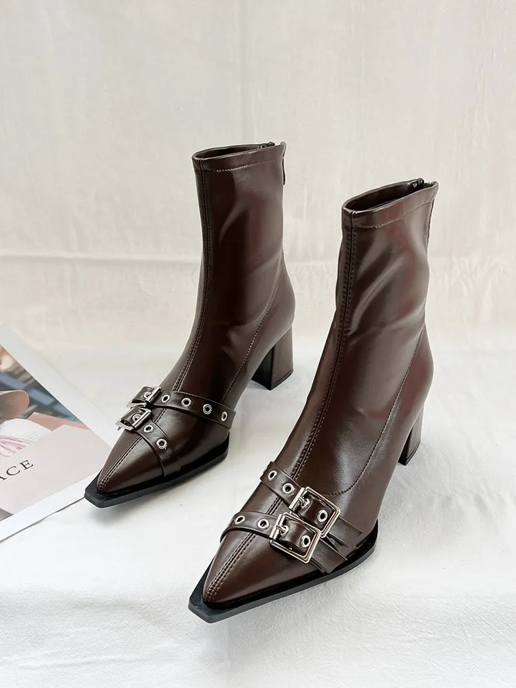 2023 Fall and Winter Pointed Belt Buckle Chunky Heel Booties Female Fashion Wind High Heel Back Zip Soft Leather Thin Short Boots