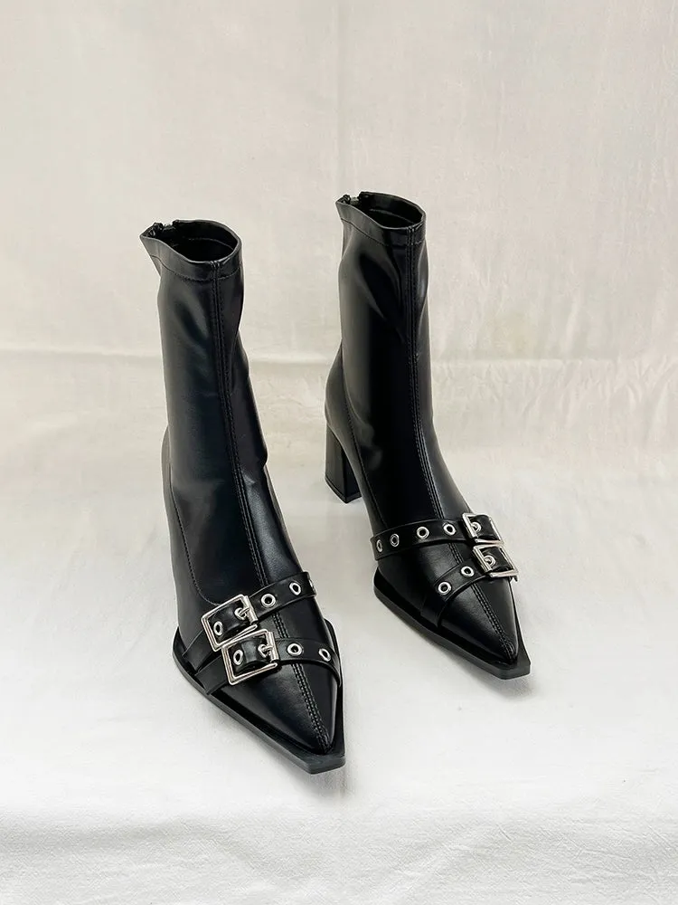 2023 Fall and Winter Pointed Belt Buckle Chunky Heel Booties Female Fashion Wind High Heel Back Zip Soft Leather Thin Short Boots