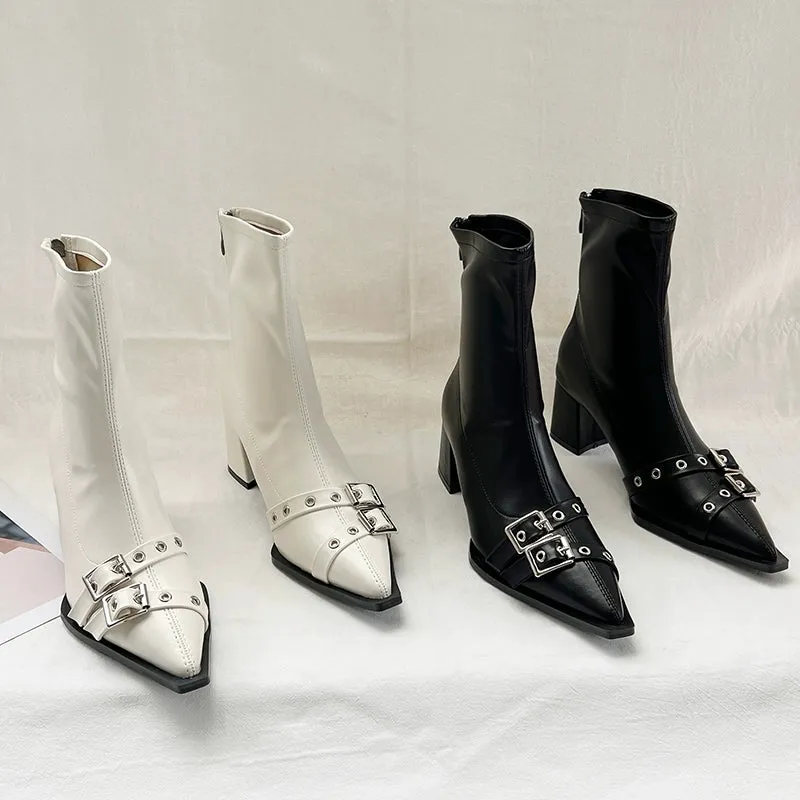 2023 Fall and Winter Pointed Belt Buckle Chunky Heel Booties Female Fashion Wind High Heel Back Zip Soft Leather Thin Short Boots