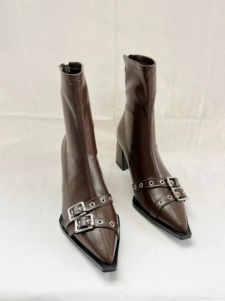 2023 Fall and Winter Pointed Belt Buckle Chunky Heel Booties Female Fashion Wind High Heel Back Zip Soft Leather Thin Short Boots