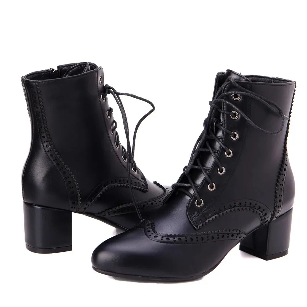 2025New Lace Up Ladies Square High Heel Shoes Ankle Boots Side Zip Retro Women Pointed Toe Thick Soled Short Booties White Black
