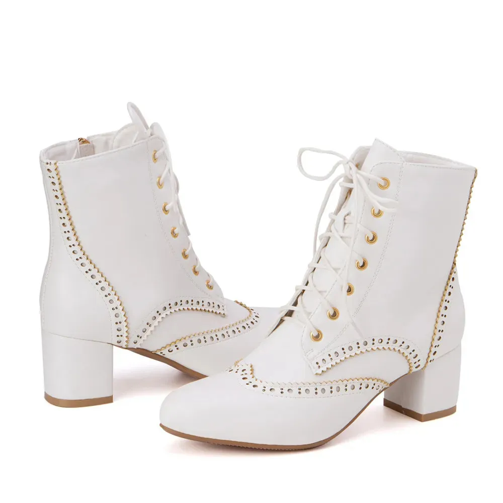 2025New Lace Up Ladies Square High Heel Shoes Ankle Boots Side Zip Retro Women Pointed Toe Thick Soled Short Booties White Black