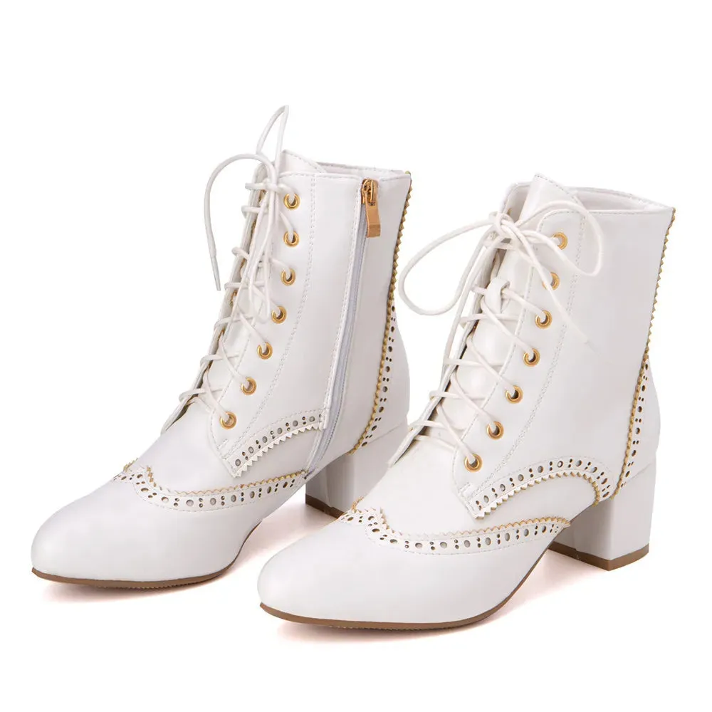 2025New Lace Up Ladies Square High Heel Shoes Ankle Boots Side Zip Retro Women Pointed Toe Thick Soled Short Booties White Black