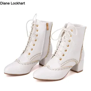 2025New Lace Up Ladies Square High Heel Shoes Ankle Boots Side Zip Retro Women Pointed Toe Thick Soled Short Booties White Black