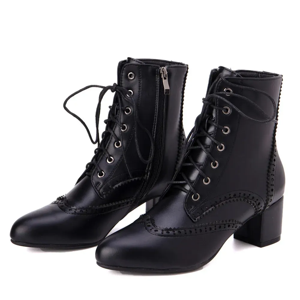 2025New Lace Up Ladies Square High Heel Shoes Ankle Boots Side Zip Retro Women Pointed Toe Thick Soled Short Booties White Black