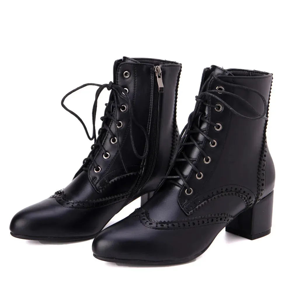 2025New Lace Up Ladies Square High Heel Shoes Ankle Boots Side Zip Retro Women Pointed Toe Thick Soled Short Booties White Black