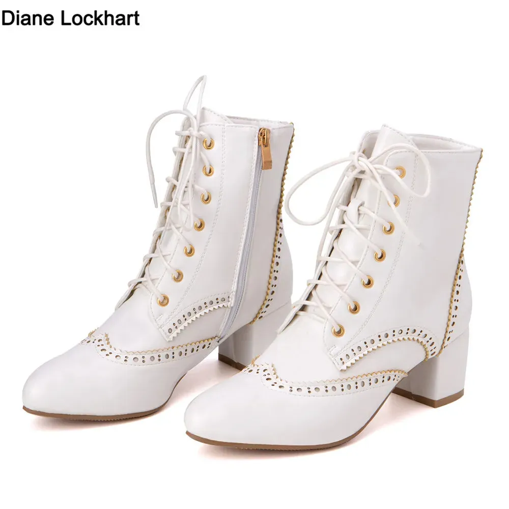 2025New Lace Up Ladies Square High Heel Shoes Ankle Boots Side Zip Retro Women Pointed Toe Thick Soled Short Booties White Black