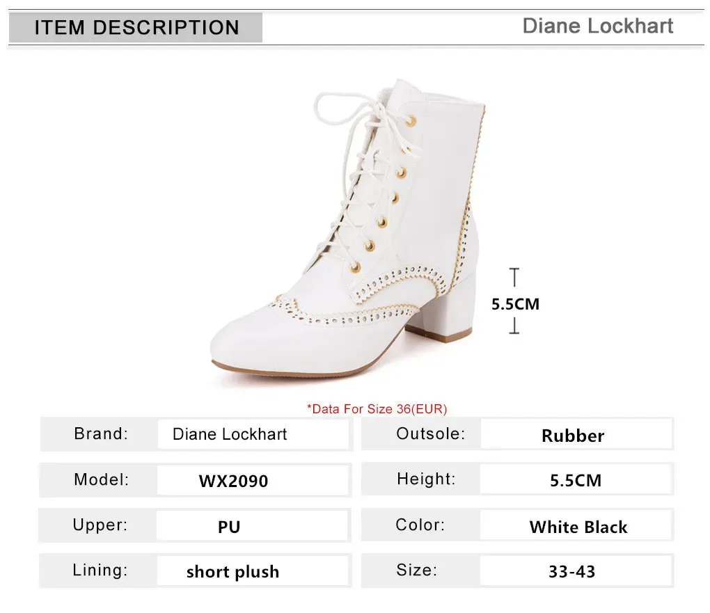 2025New Lace Up Ladies Square High Heel Shoes Ankle Boots Side Zip Retro Women Pointed Toe Thick Soled Short Booties White Black