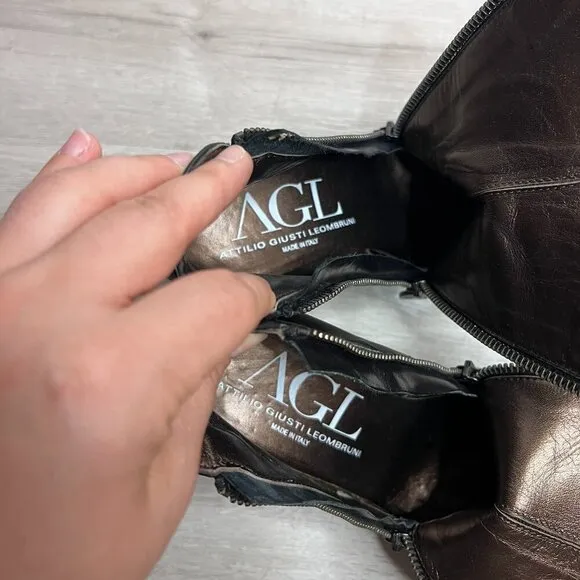 AGL Leather Ankle Boots Made in Italy Black Moto Boots Booties Zipper Size 37.5