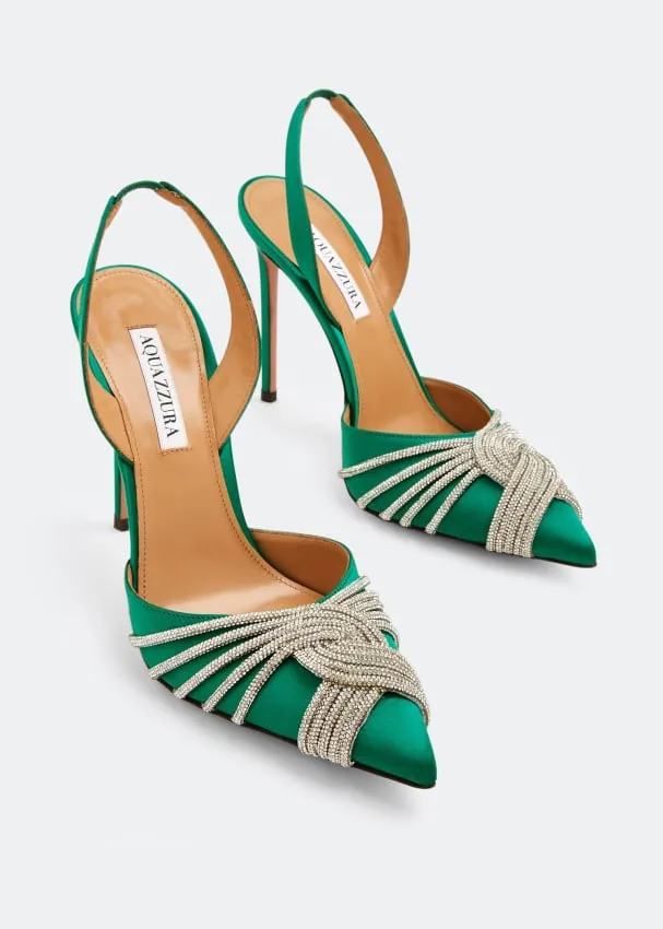 AQUAZZURA
Gatsby 105 crystal-embellished satin slingback pumps