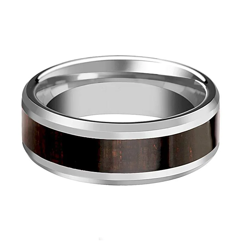 ARCANE | Silver Tungsten Ring, Ebony Wood Inlay, Beveled