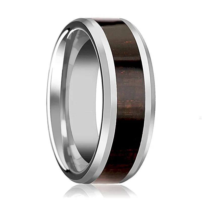 ARCANE | Silver Tungsten Ring, Ebony Wood Inlay, Beveled