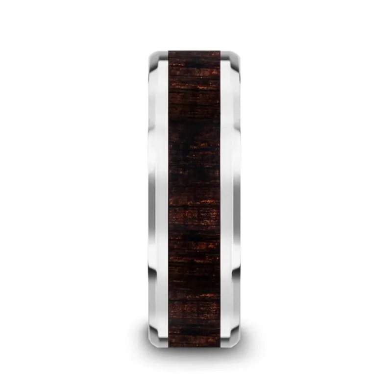 ARCANE | Silver Tungsten Ring, Ebony Wood Inlay, Beveled