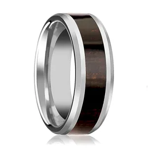ARCANE | Silver Tungsten Ring, Ebony Wood Inlay, Beveled