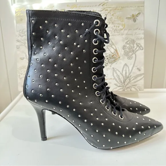 ARCHIVE Black Lace Up Delancey Pointed Toe Stiletto Studded Leather Booties 8