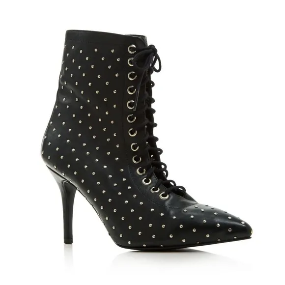 ARCHIVE Black Lace Up Delancey Pointed Toe Stiletto Studded Leather Booties 8