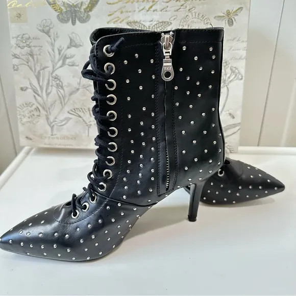 ARCHIVE Black Lace Up Delancey Pointed Toe Stiletto Studded Leather Booties 8