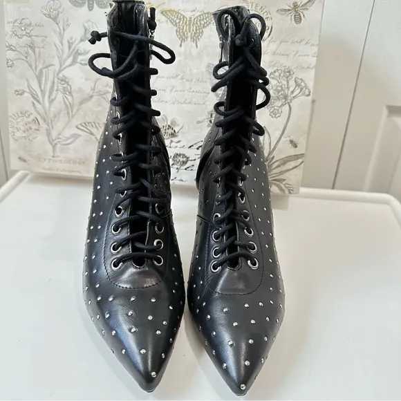 ARCHIVE Black Lace Up Delancey Pointed Toe Stiletto Studded Leather Booties 8