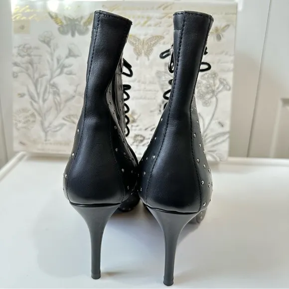 ARCHIVE Black Lace Up Delancey Pointed Toe Stiletto Studded Leather Booties 8