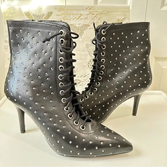 ARCHIVE Black Lace Up Delancey Pointed Toe Stiletto Studded Leather Booties 8