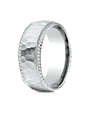 Benchmark 10k White Gold 8mm Comfort-Fit Rope Edge Hammered Finish Design Band, (Sizes 4-15)