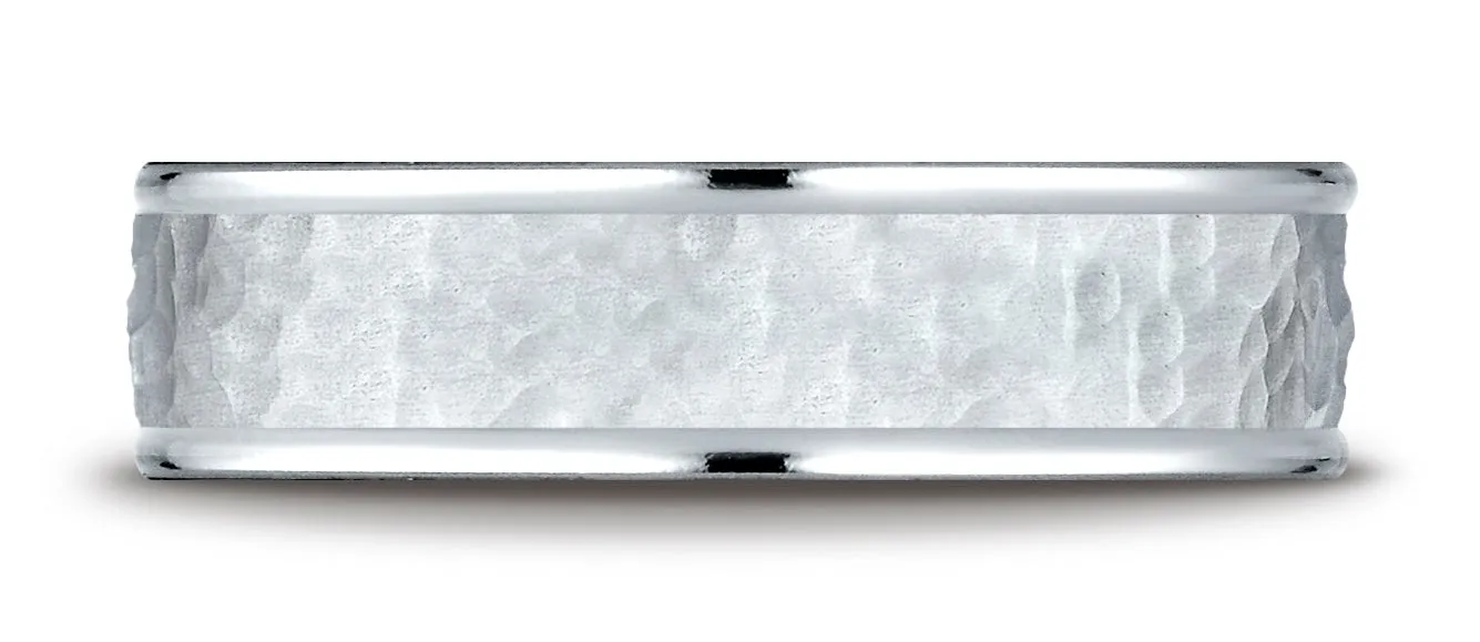 Benchmark 10k White Gold Comfort-Fit 6mm High Polish Edge Hammered Center Design Band, (Sizes 6-13)