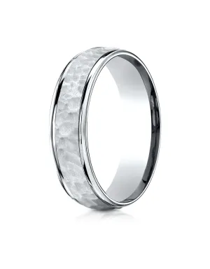 Benchmark 10k White Gold Comfort-Fit 6mm High Polish Edge Hammered Center Design Band, (Sizes 6-13)