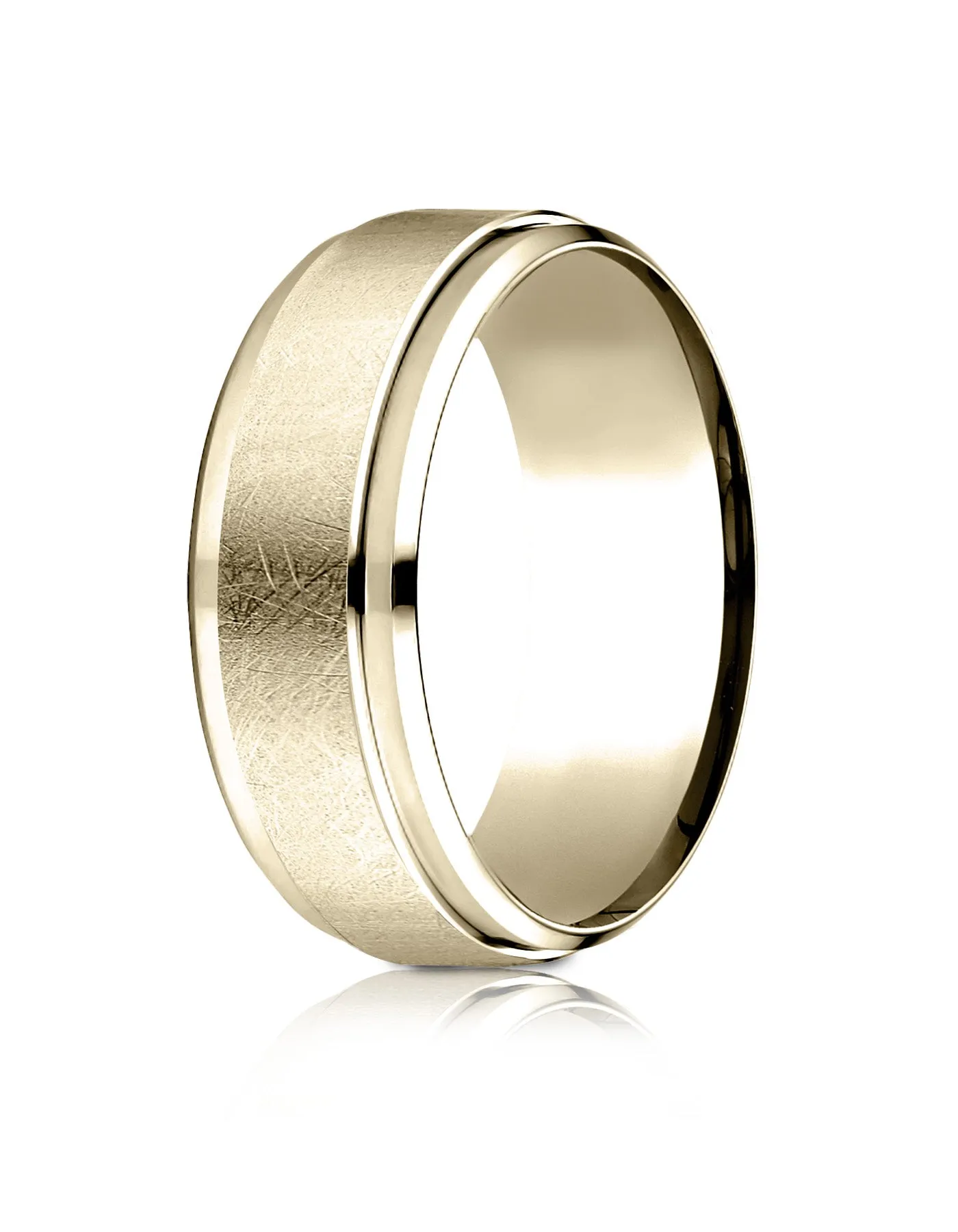 Benchmark 10k Yellow Gold 7mm Comfort-Fit Drop Bevel Swirl Finish Center Design Band, (Sizes 4-15)