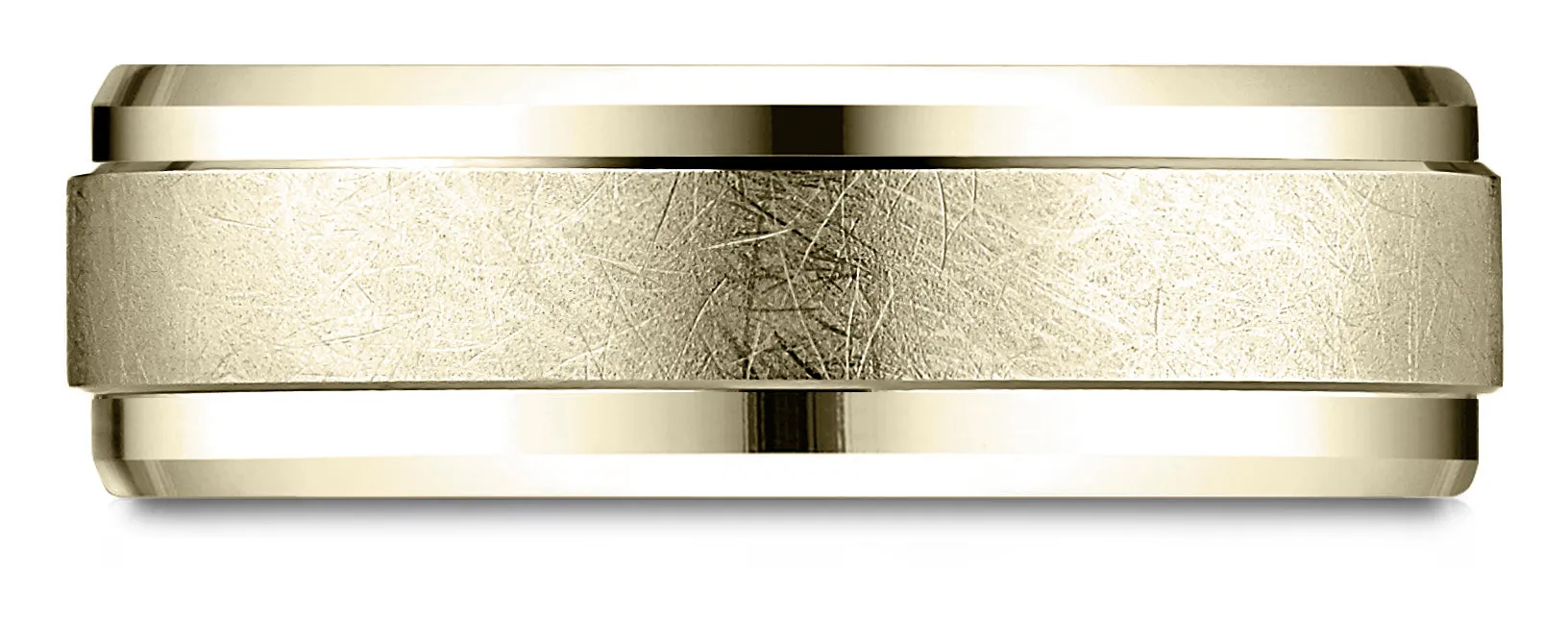Benchmark 10k Yellow Gold 7mm Comfort-Fit Drop Bevel Swirl Finish Center Design Band, (Sizes 4-15)