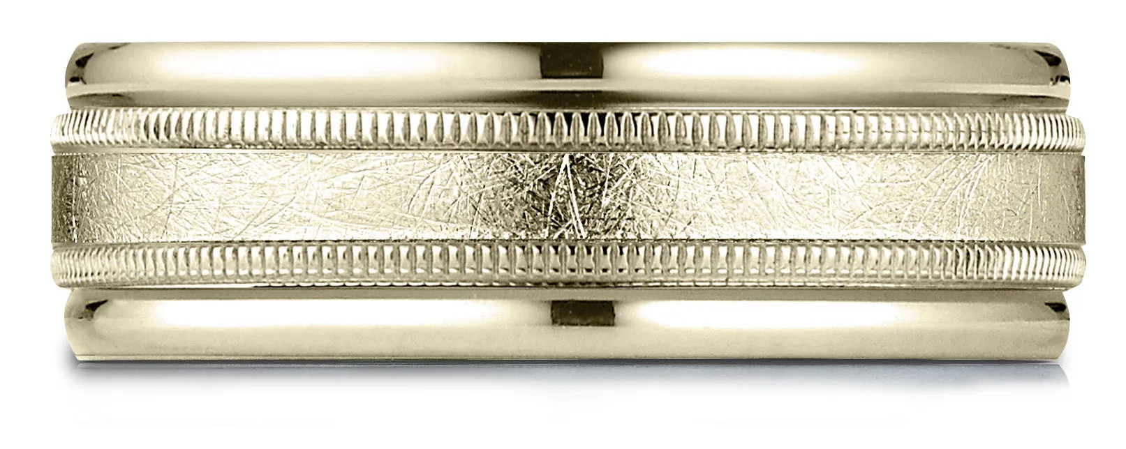 Benchmark 10k Yellow Gold 7mm Comfort-Fit Swirl Finish Center Milgrain Round Edge Carved Design Band