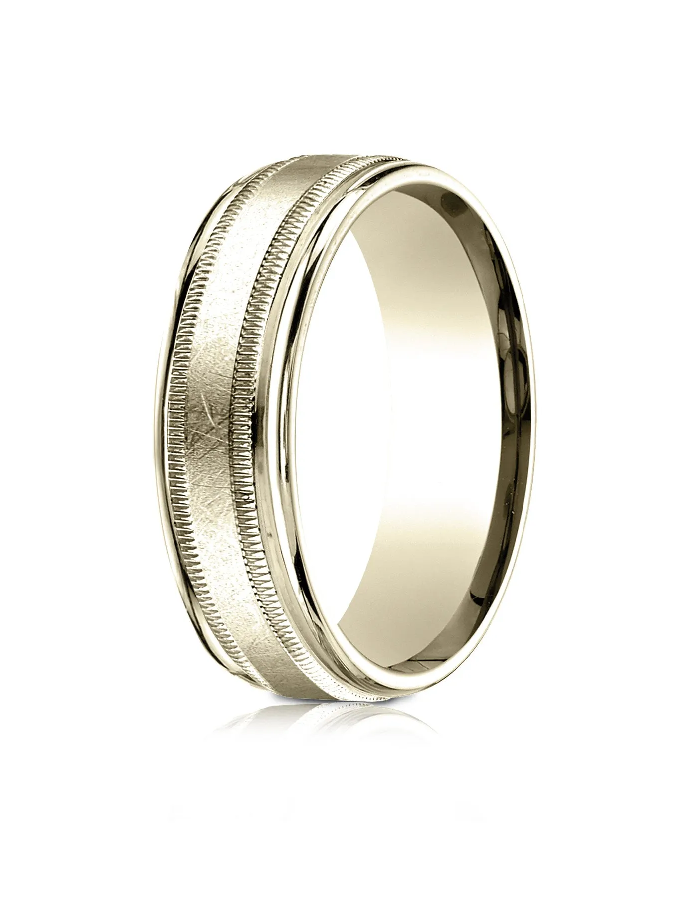 Benchmark 10k Yellow Gold 7mm Comfort-Fit Swirl Finish Center Milgrain Round Edge Carved Design Band