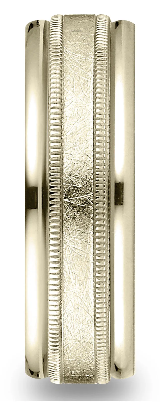 Benchmark 10k Yellow Gold 7mm Comfort-Fit Swirl Finish Center Milgrain Round Edge Carved Design Band