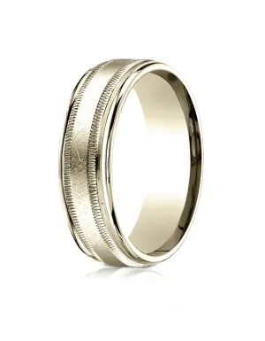 Benchmark 10k Yellow Gold 7mm Comfort-Fit Swirl Finish Center Milgrain Round Edge Carved Design Band