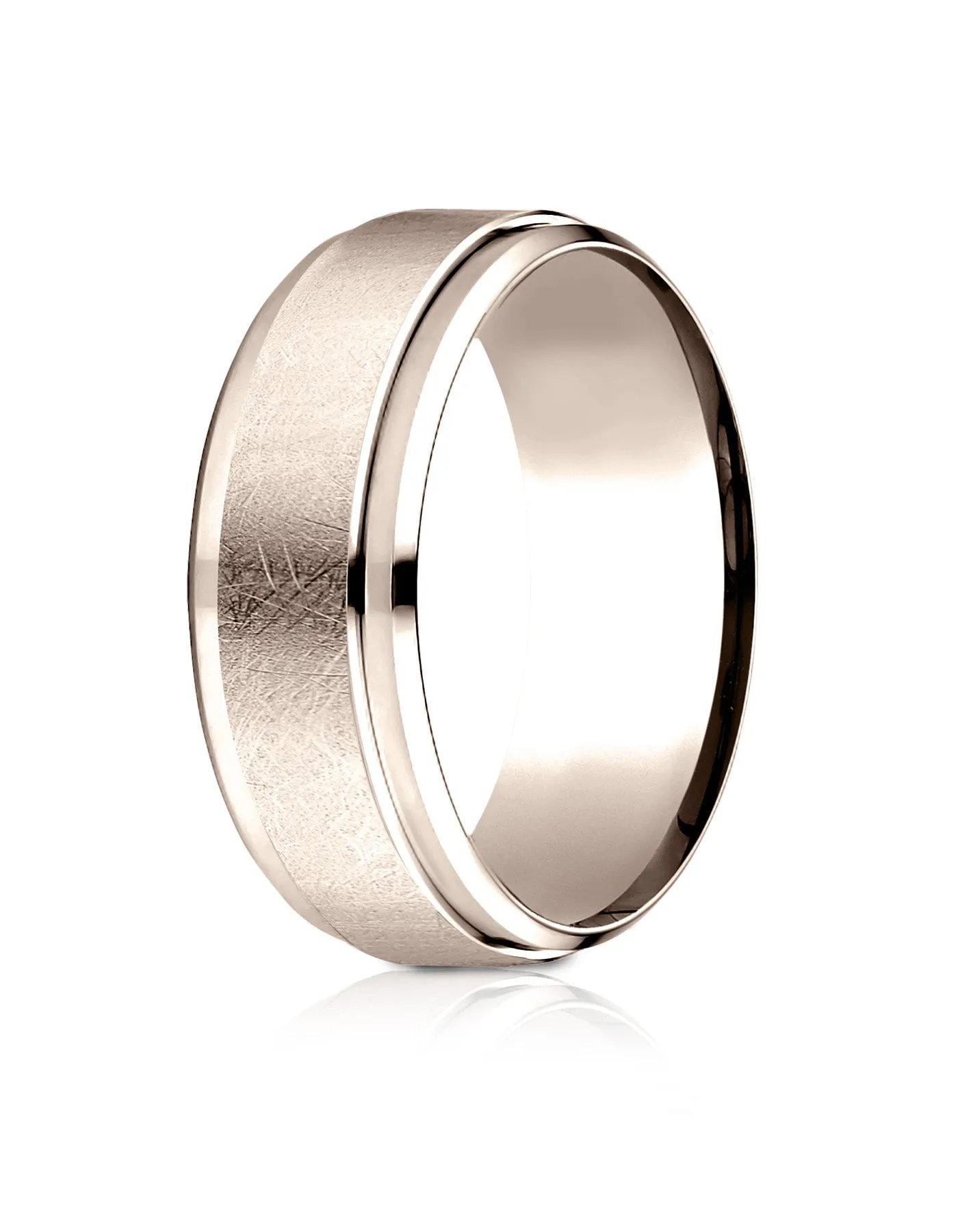 Benchmark 14k Rose Gold 7mm Comfort-Fit Drop Bevel Swirl Finish Center Design Band, (Sizes 4-15)