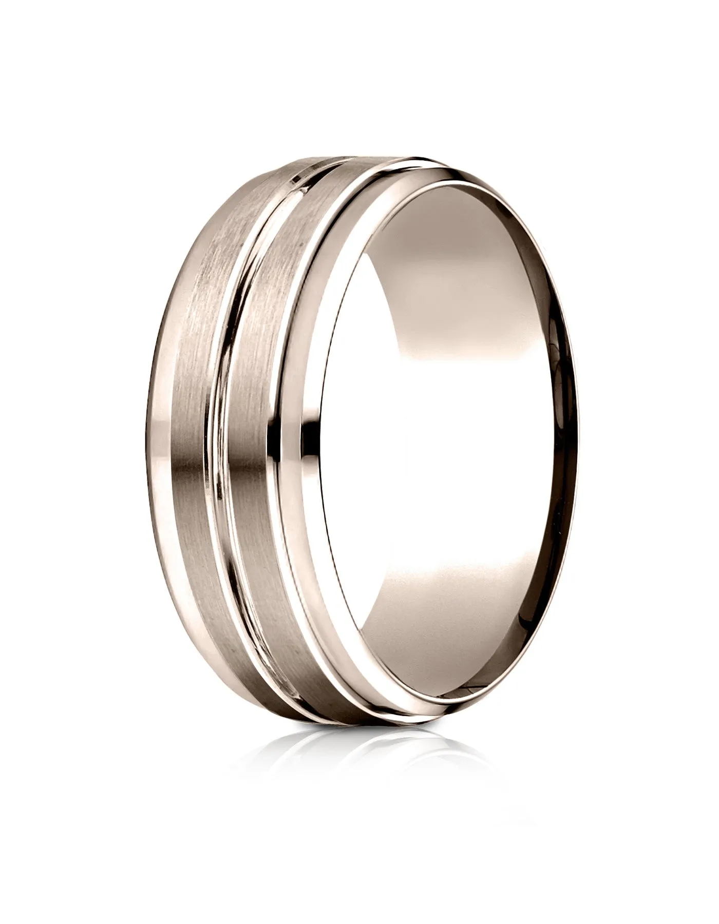 Benchmark 14k Rose Gold 8mm Comfort-Fit Drop Bevel Satin Center Cut Design Band, (Sizes 4-15)