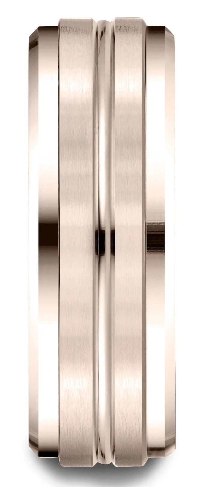 Benchmark 14k Rose Gold 8mm Comfort-Fit Drop Bevel Satin Center Cut Design Band, (Sizes 4-15)