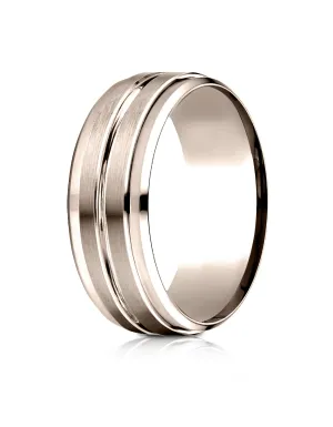 Benchmark 14k Rose Gold 8mm Comfort-Fit Drop Bevel Satin Center Cut Design Band, (Sizes 4-15)