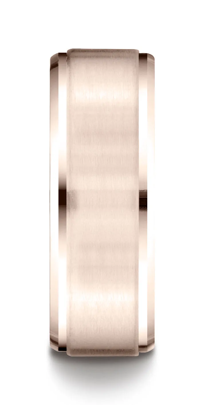 Benchmark 14k Rose Gold 8mm Comfort-Fit Satin-Finished Drop Beveled Edge Carved Design Band (Sizes 4-15)