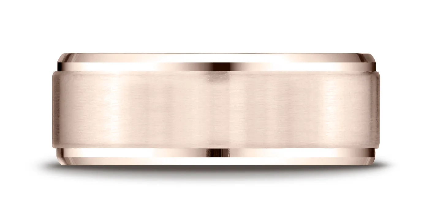 Benchmark 14k Rose Gold 8mm Comfort-Fit Satin-Finished Drop Beveled Edge Carved Design Band (Sizes 4-15)